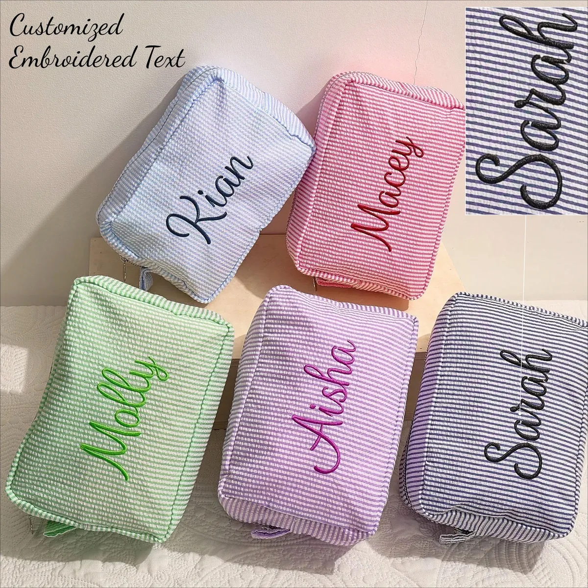 pochette cosmétique rayée personnalisée avec broderie de texte sur mesure, sac de voyage portable pour le rang