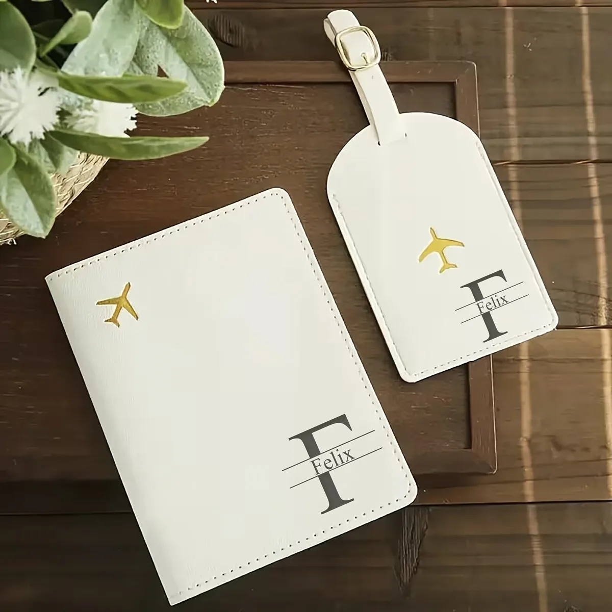 ensemble de porte-passeport et d'étiquette à bagages en similicuir pu personnalisable avec gravure au laser, bouton-pression, essentiels de voyage