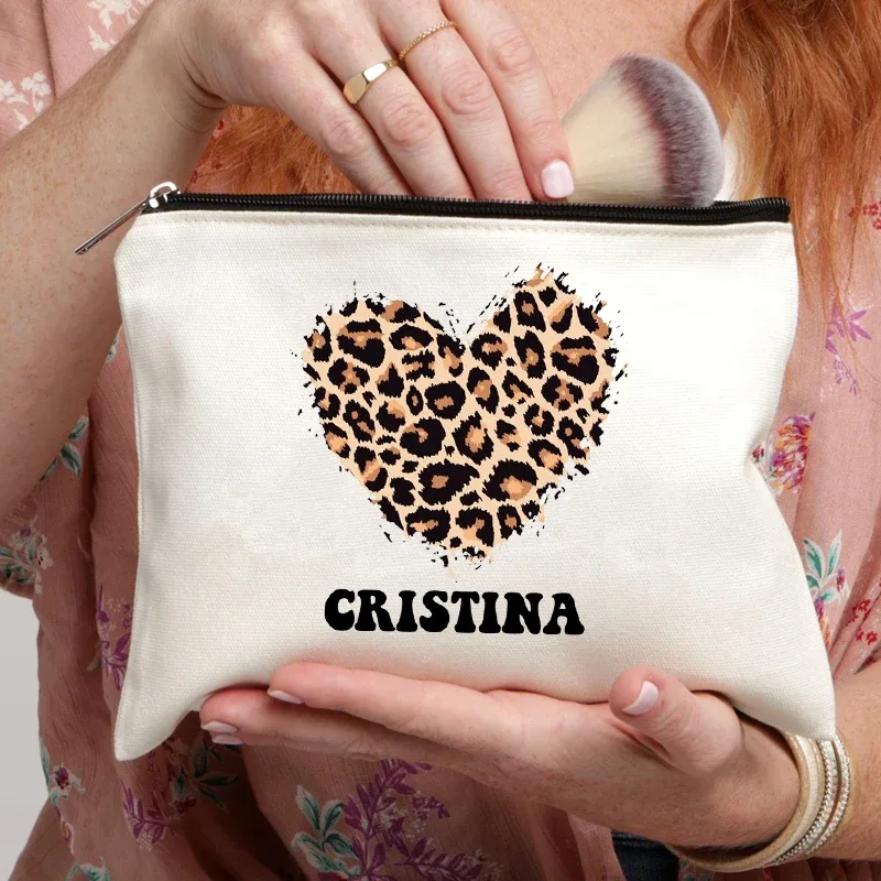 coeur léopard motif nom personnalisation blanc sac de maquillage toile sac de lavage organisateur mode voyage rouge à lèvres sacs de rangement portefeuille