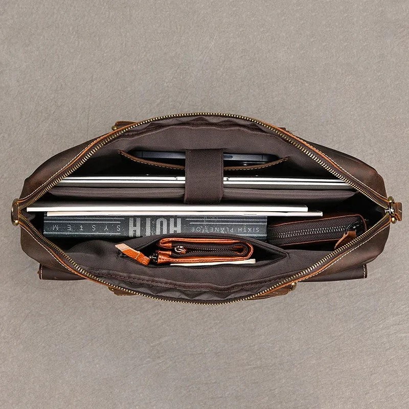 porte-documents en cuir véritable pour hommes, sac à main d'affaires en peau de vache pour ordinateur portable, style vintage, sac à bandoulière en cuir de cheval fou