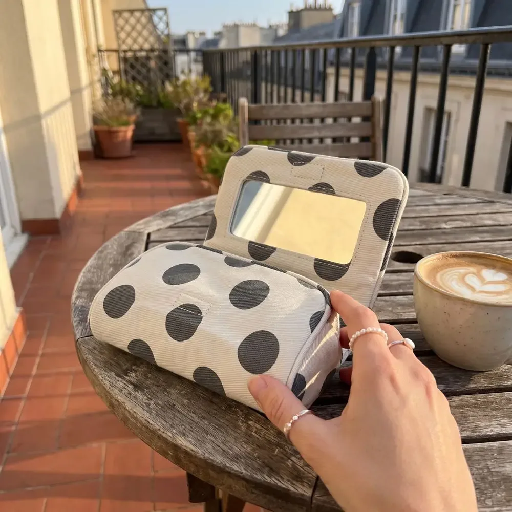 sac cosmétique portable en toile à pois, grande capacité, sac à rayures pour petits objets, multifonctionnel avec miroir de maquillage