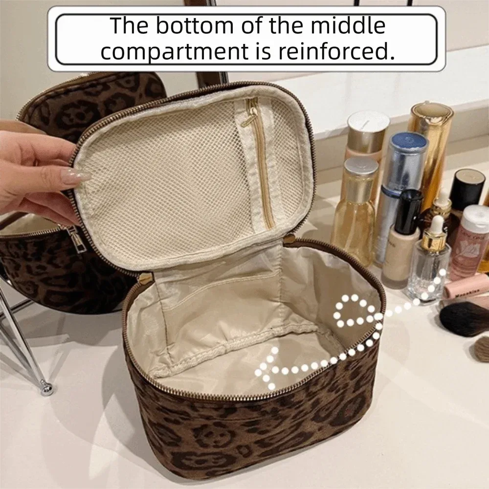 nouvelle trousse de toilette grande capacité à imprimé léopard en faux daim, boîte de rangement multi-poches, sac de voyage portable