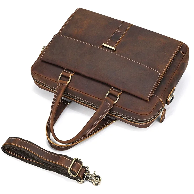 porte-documents en cuir véritable pour hommes, sac à main d'affaires en peau de vache pour ordinateur portable, style vintage, sac à bandoulière en cuir de cheval fou