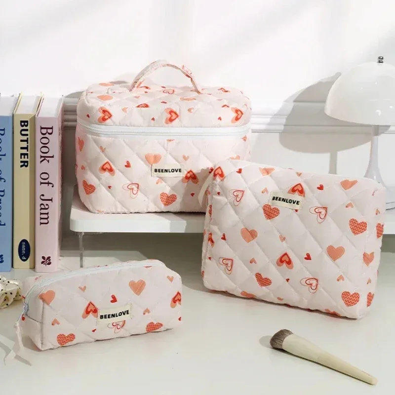 trousse de maquillage en coton matelassé avec impression, grand sac de voyage mignon pour poudres cosmétiques