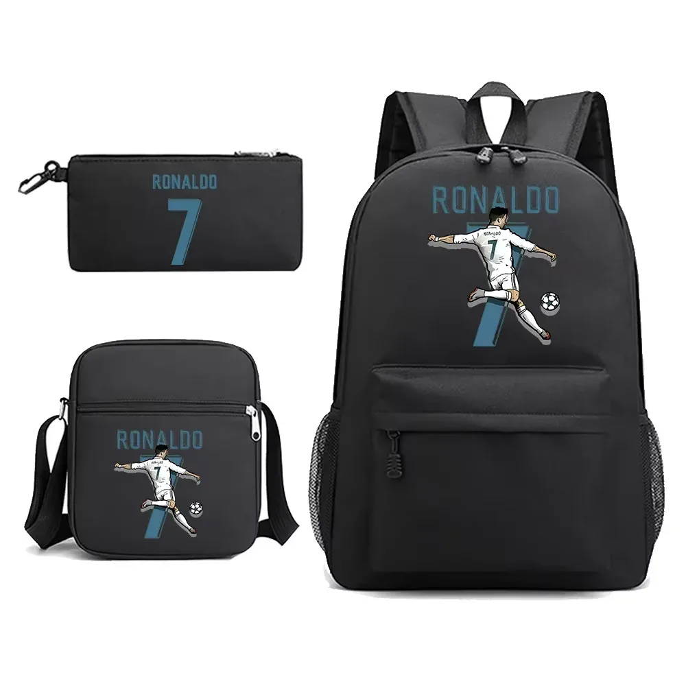 Sac à dos Ronaldo CR7 pour garçons et hommes, sac à bandoulière pour l'école, 3 pièces, trousse à crayons pour les fans, cadeau pour adolescents, garçons et filles, sac à dos de jour pour l'extérieur