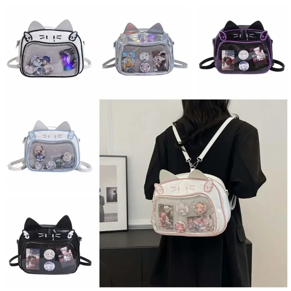 sac à fermeture éclair portable kawaii chat itabag en coton avec poche transparente en pu pour badges, sac de rangement, portefeuille, sacs à dos tendance pour enfants