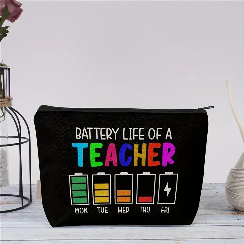 trousse de maquillage sur le thème des enseignants avec un design amusant en forme de batterie, sac à fermeture éclair durable, adapté aux cosmétiques, à la papeterie, aux collations, aux enseignants.