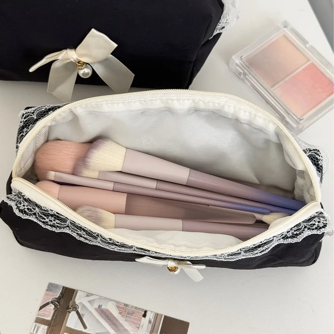 trousse de rangement noire en dentelle pour voyage, cosmétiques, rouges à lèvres, papeterie, sacs à main de maquillage pour femmes, pochette organisatrice, trousse à crayons