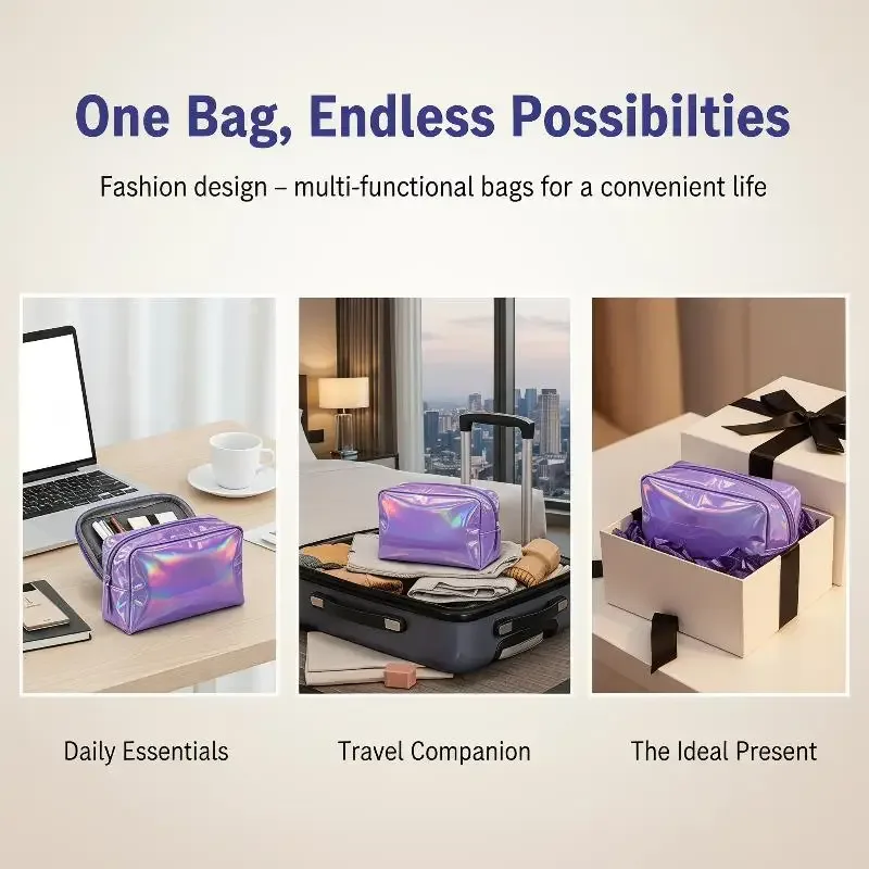 sac cosmétique laser couleur unie, étanche, portable, pour rangement de produits de toilette, sac cadeau maquillage, pochette de maquillage, organiseur de cosmétiques de voyage