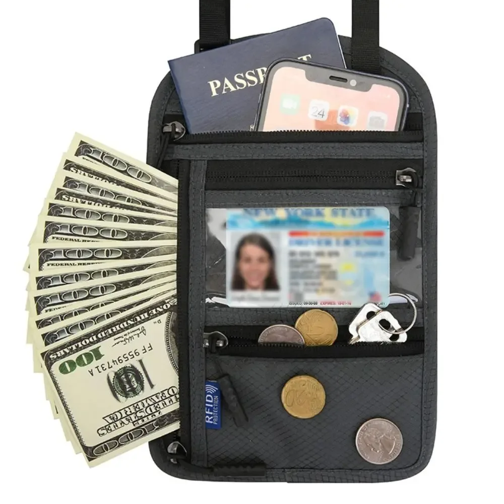 pochette de sécurité antivol en nylon, sac de passeport bloquant rfid avec sangle de cou réglable, portefeuille de voyage étanche