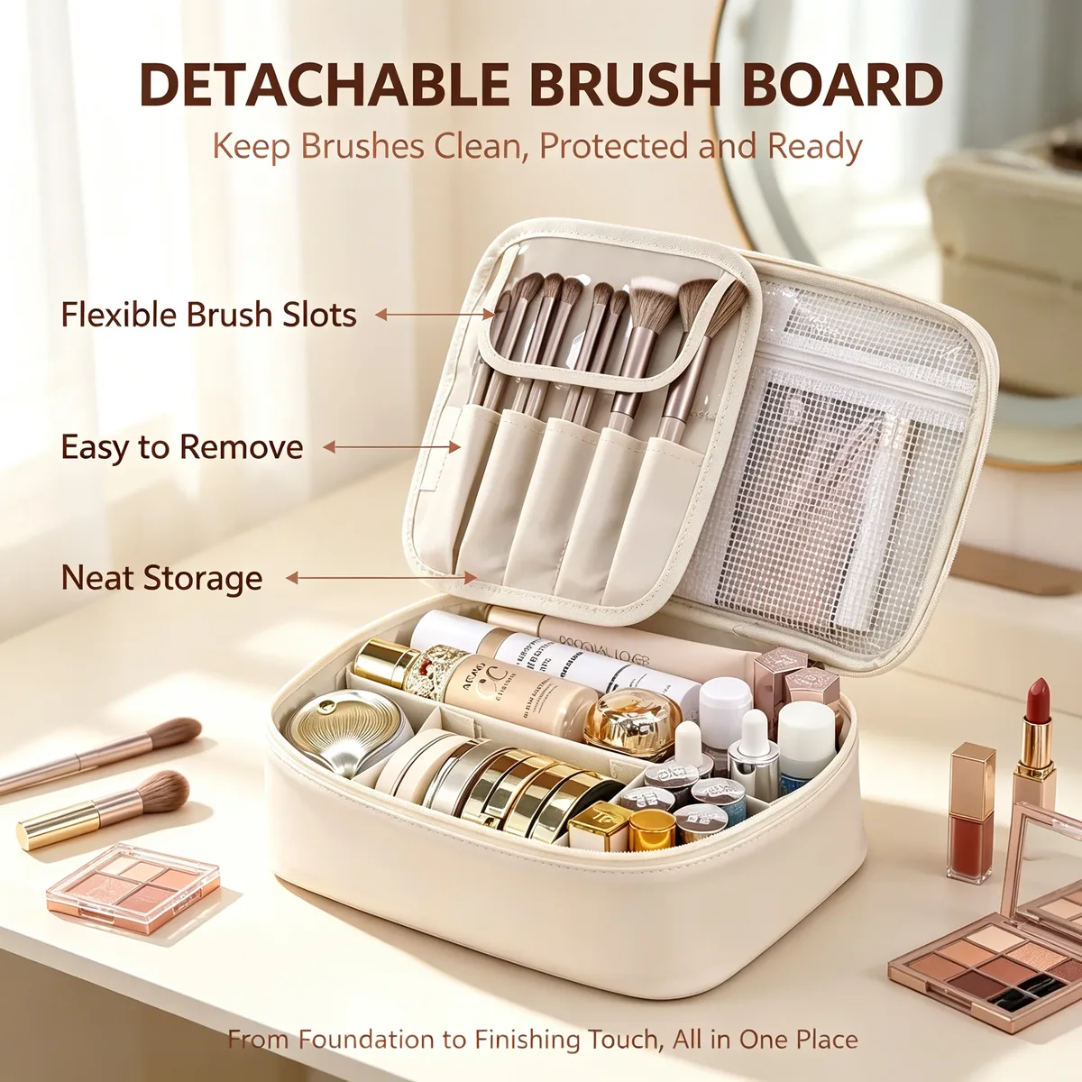 trousse de maquillage portable et étanche avec porte-pinceaux amovible, grande capacité, étui de rangement cosmétique de voyage avec séparateurs ajustables