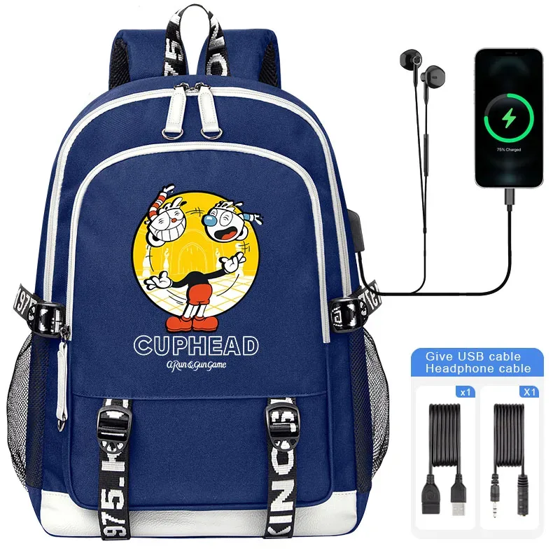 cuphead mugman sacs d'école pour adolescent usb charge sac à dos pour ordinateur portable garçons filles étudiant livre sac mochila sac de voyage