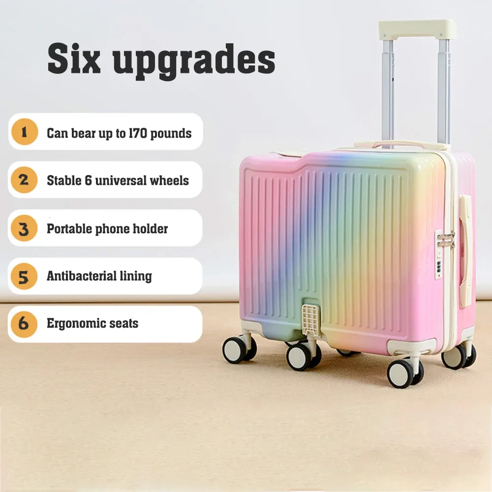 valise à roulettes 18 pouces, bagage cabine portable, 6 roues, fermeture éclair, verrouillable, avec siège intégré pour enfants
