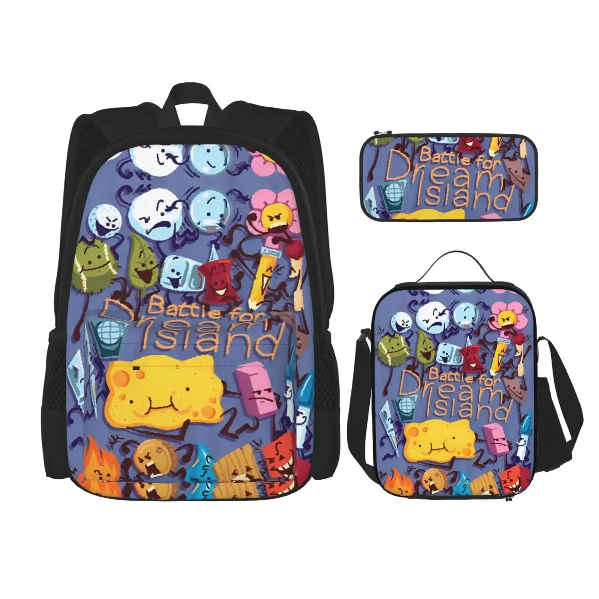bfdi bfb et tpot bataille pour dream island dessin animé 3pecs/ensemble sac à dos pour adolescent ordinateur portable sac à bandoulière sac à déjeuner trousse à crayons