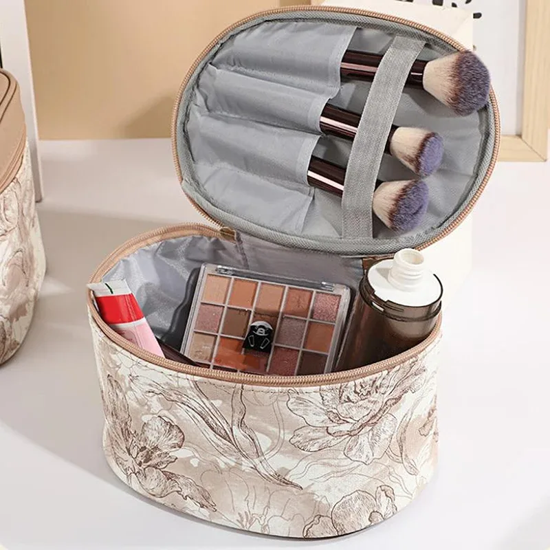 sac de maquillage portable élégant, motif floral en dentelle, sac de rangement cosmétique avec poignée, pochette de toilette de voyage de grande capacité pour femmes