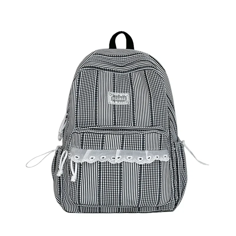 sac à dos coréen simple et esthétique en dentelle à volants, couleur unie, rayé, grande capacité, pour étudiantes, idéal pour l'école, les trajets quotidiens et les voyages