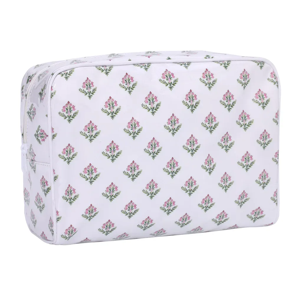 nouvelle trousse de maquillage rayée rose à fermeture éclair pour femme, grande pochette de toilette à motifs pour plage et voyage, sac de rangement transparent