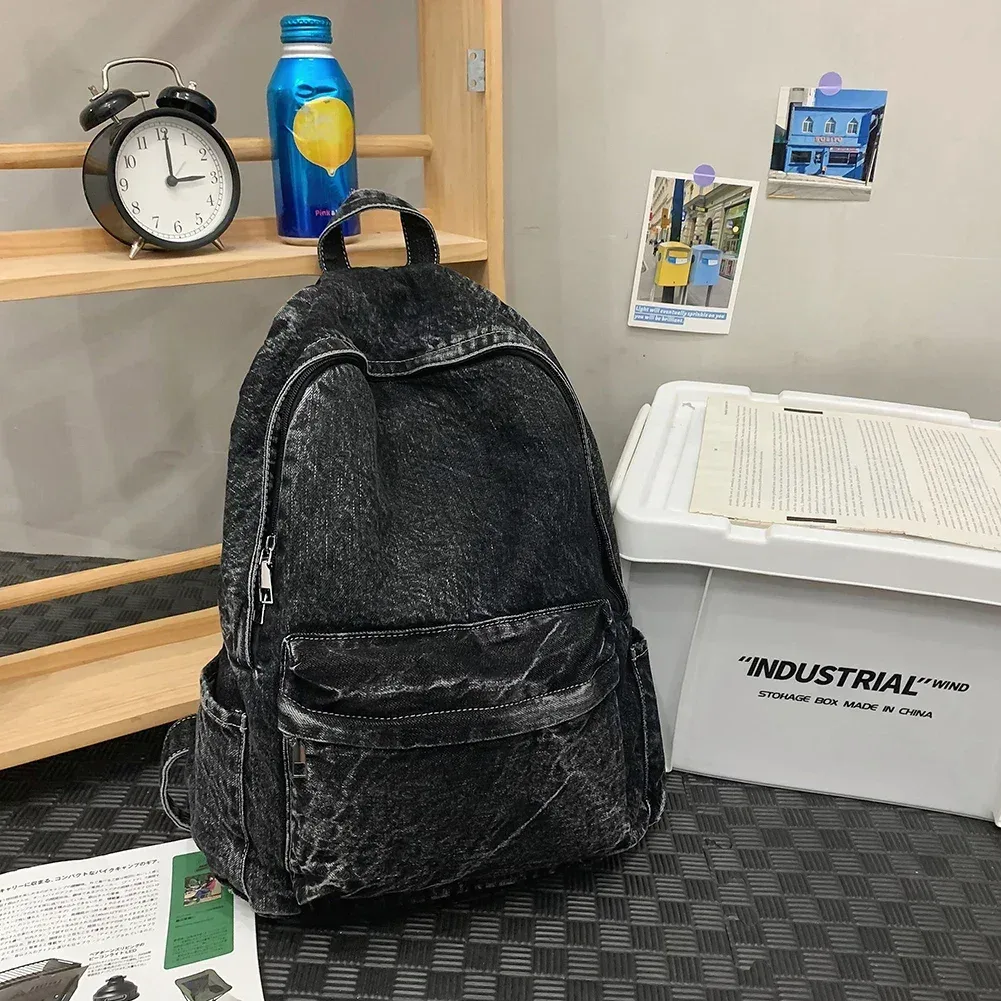 sac à dos rétro en toile à fermeture éclair pour hommes et femmes, sac d'école multi-poches, sacs de sport de voyage solides, nouveau denim, initié sr