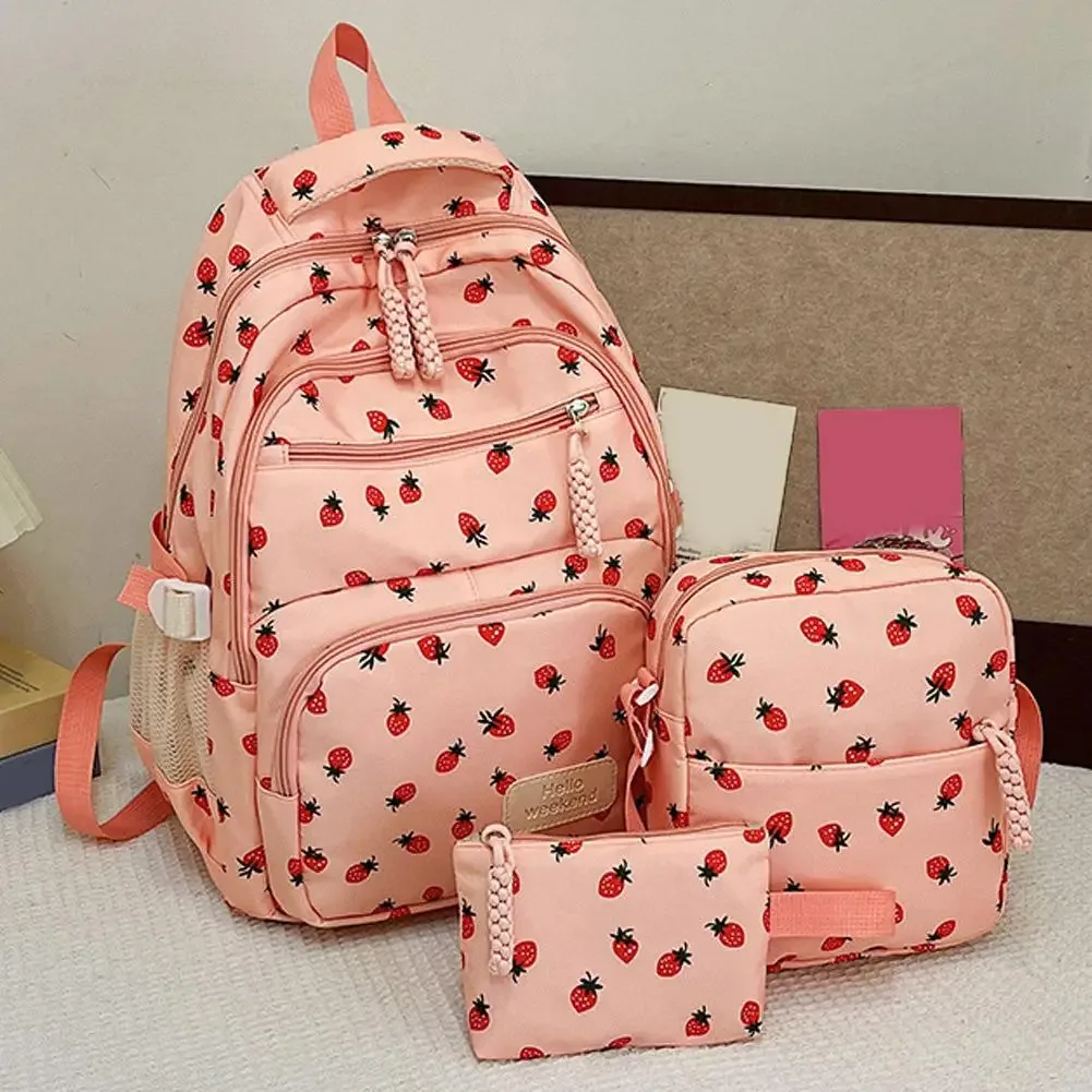 sac à dos en velours côtelé, ensemble de trois pièces, imprimé fraise, sac à dos quotidien décontracté, niche, grande capacité, sac à dos léger pour les déplacements