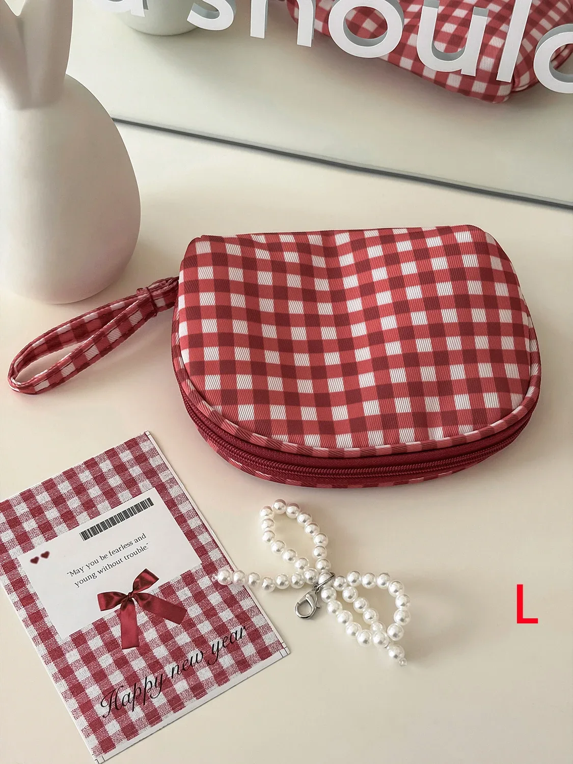 airfriend – trousse de maquillage à grille rouge pour femmes, fourre-tout rond, pochette de rangement pour cosmétiques, sac à main de voyage, grande capacité, sac à fermeture éclair pour rouges à lèvres