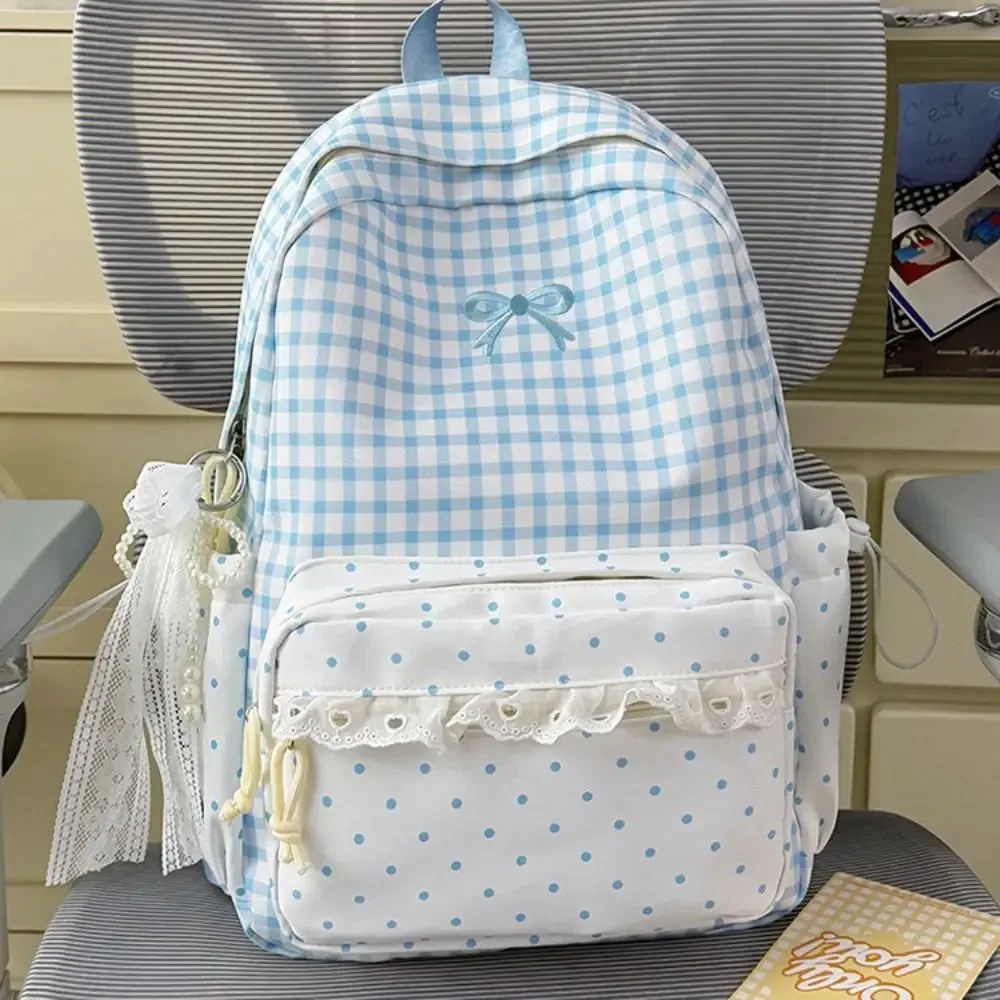 Sac à dos Y2k à pois, avec nœud et bordure en dentelle à carreaux, design à nœud, grande capacité, idéal pour les voyages.