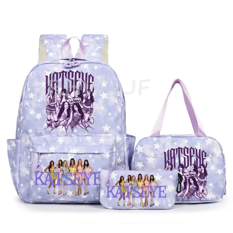 sac à dos katseye à thème musical, 3 pièces, imprimé étoiles roses, cartable amusant pour adolescents, étudiants, femmes, sac à dos pour ordinateur portable, sac de voyage mochila