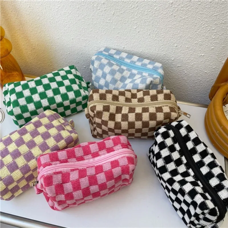 trousse de toilette en coton, trousse de maquillage pour femmes, design à carreaux, trousse de maquillage portable, jolie trousse à crayons, organisateur de cosmétiques pour voyage