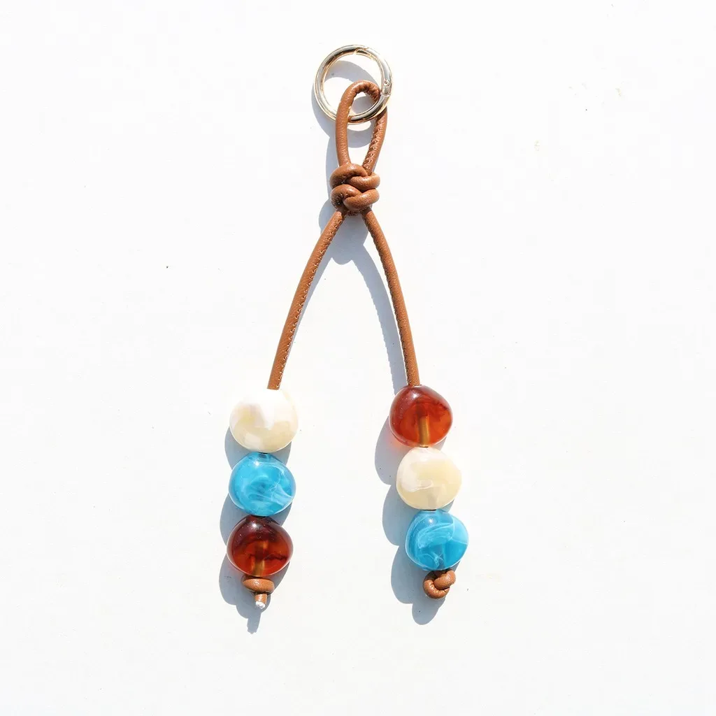 porte-clés en résine perlée, breloque de sac en cuir pu à perles plates, pendentif décoratif pour sac, porte-clés en cuir pu tressé pour valises