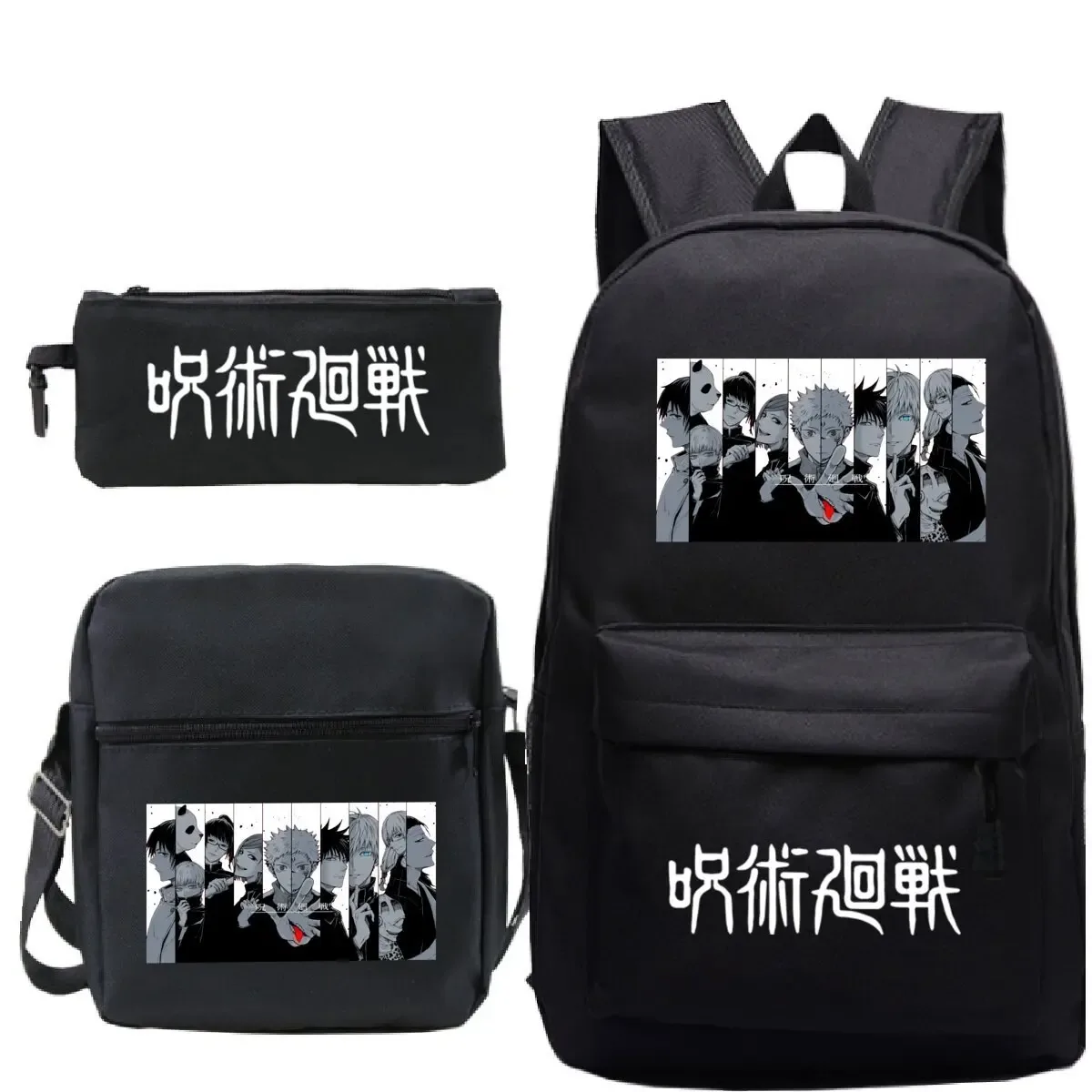 jujutsu kaisen sac à dos 3 pièces ensemble filles garçons sacs d'école noir cartable anime satoru gojo sac à dos pour ordinateur portable avec sacs à bandoulière