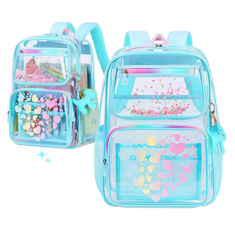 sac à dos transparent pour l'école, sac à dos imperméable avec imprimés en forme de cœur, compartiment principal, poches avant à fermeture éclair pour garçons et filles
