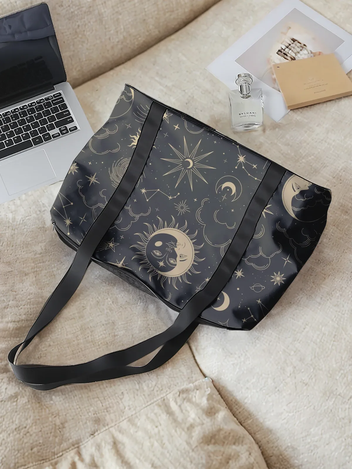grand sac fourre-tout imprimé soleil, lune et étoiles, sac à main à bandoulière, sac de rangement à larges sangles pour les voyages, la plage, le shopping, la salle de sport et les trajets quotidiens