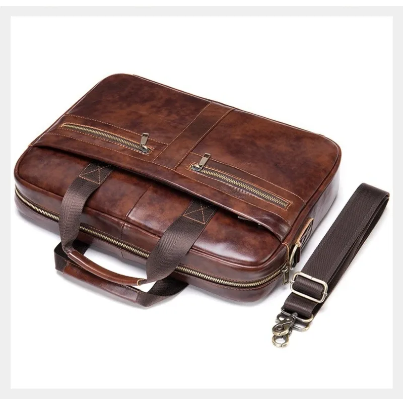 porte-documents en cuir pleine fleur pour homme, sacoche d'ordinateur portable professionnelle avec bandoulière, sac à main grande capacité pour les trajets professionnels