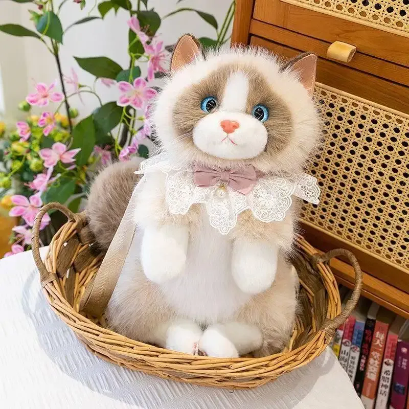 sac à dos chat ragdoll en fausse fourrure mignon pour filles, sac à bandoulière réaliste en peluche chaton avec nœud en dentelle, jouet en peluche doux, cadeau