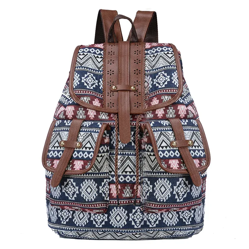 nouveau modèle ethnique rétro sac à dos toile sac à main mode personnalité voyage cordon petit sac à dos 14 pouces sacs à dos de voyage