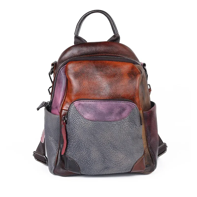 sacs à dos vintage patchwork en cuir véritable pour femmes, sac à bandoulière de voyage, sac d'école, rétro couleur à carreaux, poches fonctionnelles