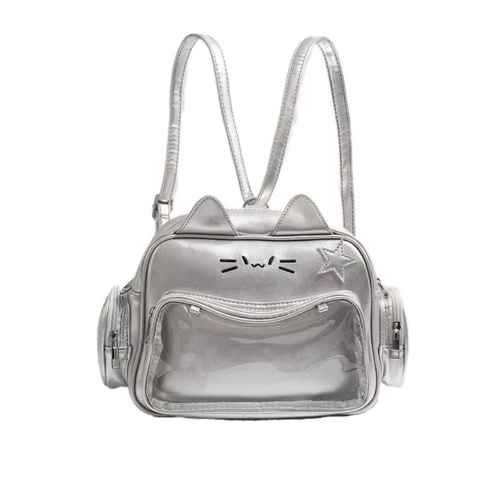 sac fourre-tout créatif en cuir pu avec poche transparente pour badges, style preppy, motif chat mignon, pour enfants