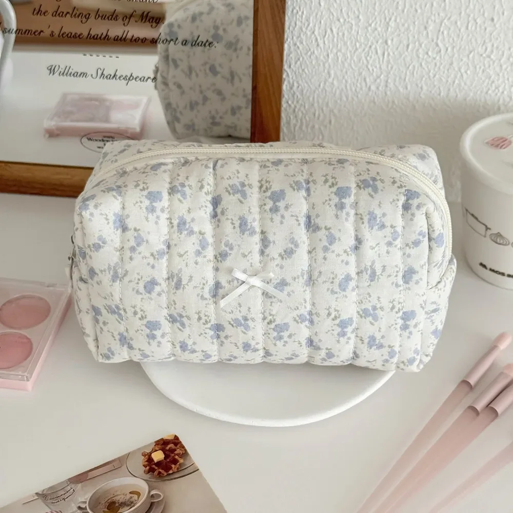 sac à cosmétiques de style coréen, sacs de rangement de voyage à fermeture éclair multi-tailles, sac matelassé de maquillage à carreaux avec nœud rose pour femmes et filles