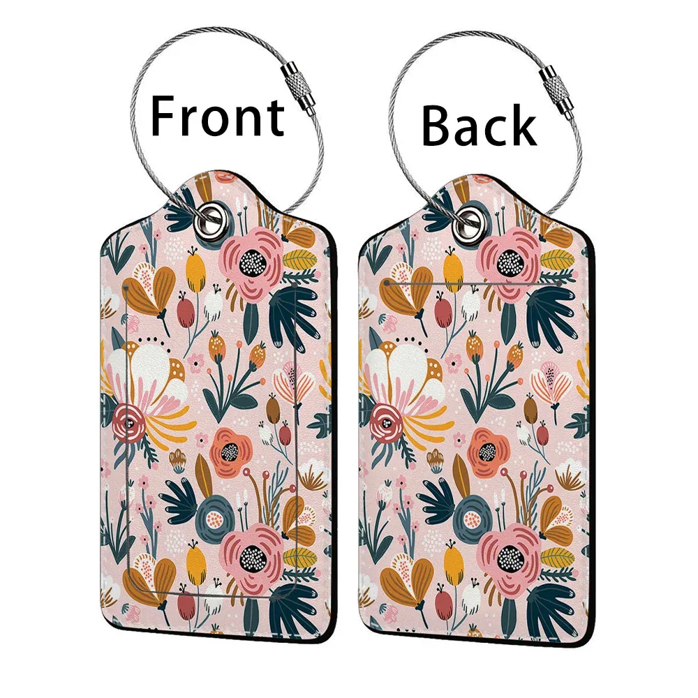 étiquette de bagage d'affaires en cuir imprimé de belles fleurs, étiquette d'adresse de valise, étui d'embarquement de bagages, clip d'adresse d'identification de nom