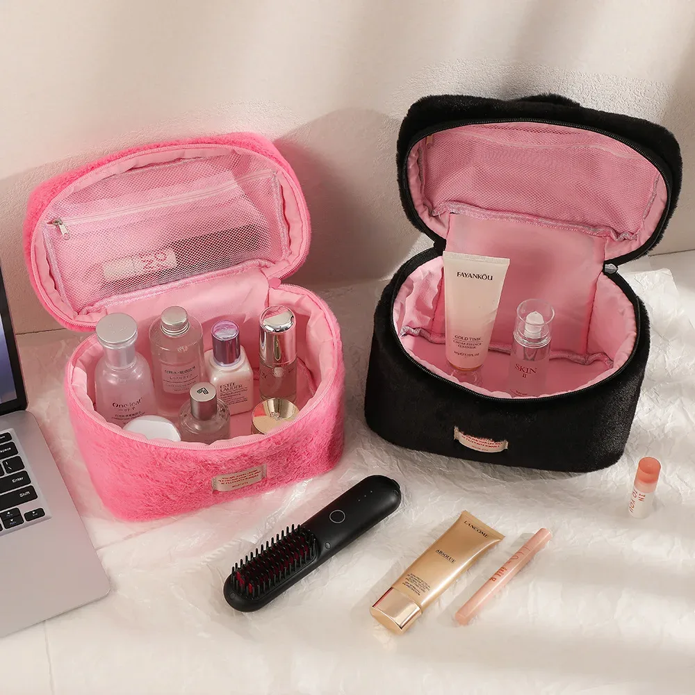 sacs de maquillage en peluche douce pour femmes, grande capacité, organisateur de cosmétiques quotidiens, fourre-tout de style simple, trousse de toilette de voyage, sac a main