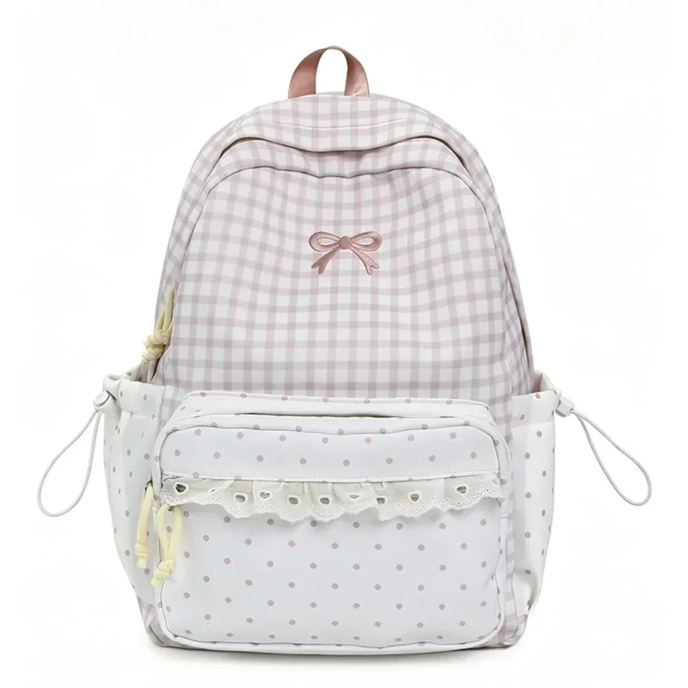 sac à dos tendance à pois, à carreaux, avec nœud et bordure en dentelle, durable et léger, idéal pour les étudiants et l'utilisation en extérieur.