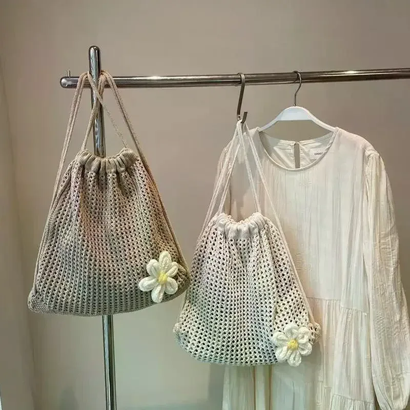 Sac à bandoulière en tricot couleur unie grande capacité, sac à dos bohème en crochet ajouré, sac fourre-tout de plage et de voyage pour femme