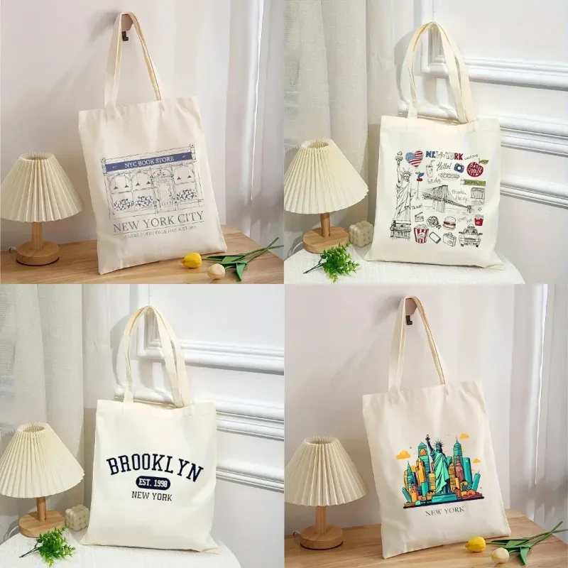 sacs à bandoulière imprimés new york pour femmes, sacs à main décontractés réutilisables pour filles, sac fourre-tout en toile pour femme, sac de shopping grande capacité