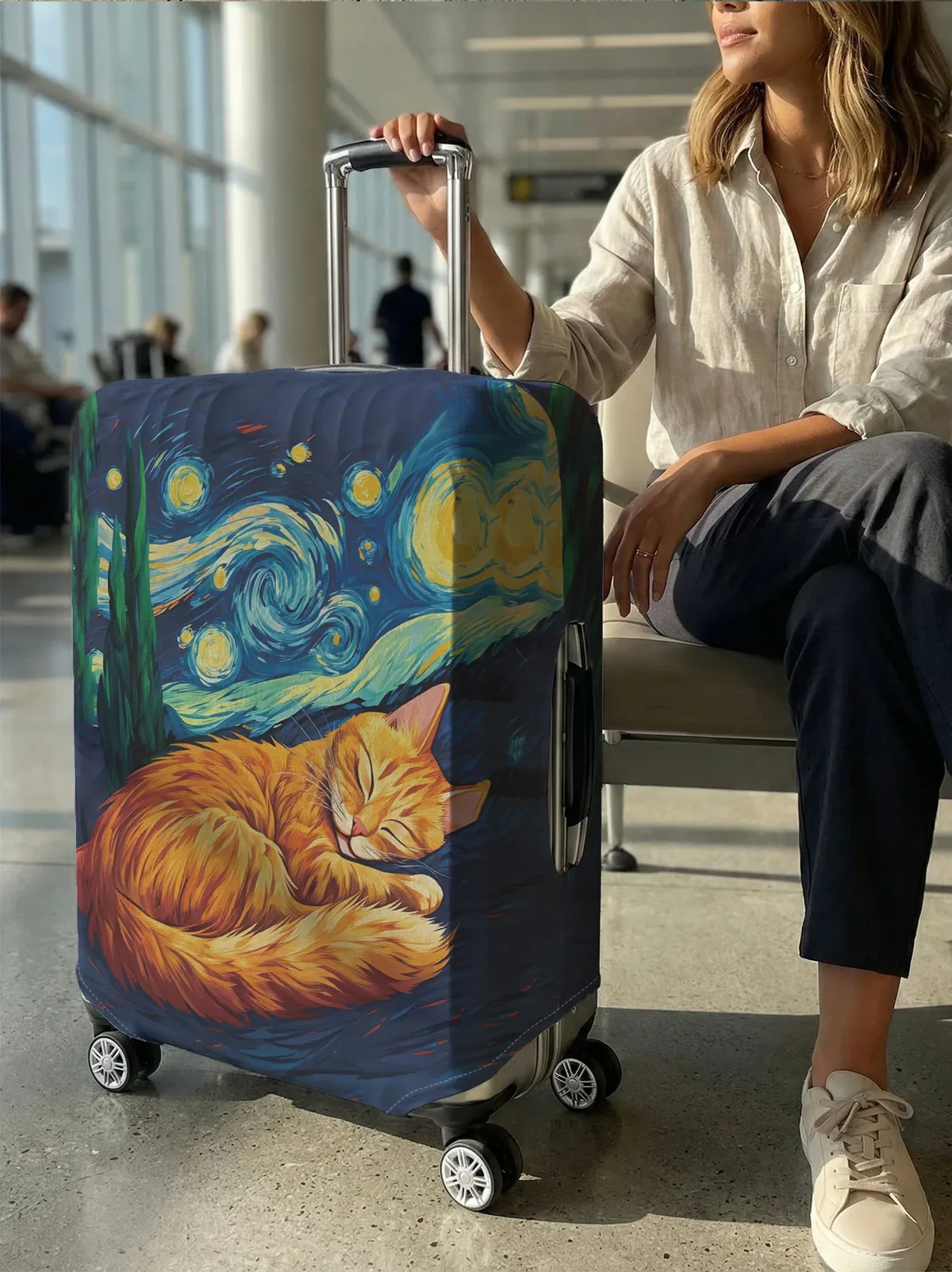 housse de protection pour bagages orange cat van gogh art, adaptée aux valises de 18 à 32 pouces, gants pour poignée de bagage, accessoires de voyage