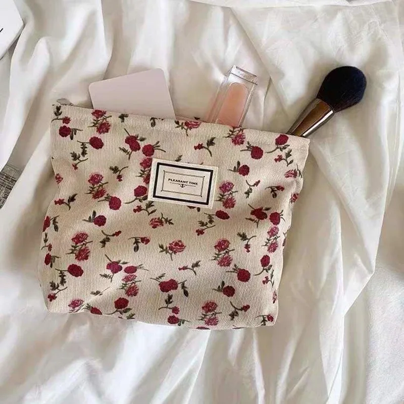 sac à cosmétiques en velours côtelé pour femmes, pochette à fleurs, trousse de beauté, trousse de toilette mignonne, grands sacs d'évaluation de maquillage, poudres cosmétiques coréennes