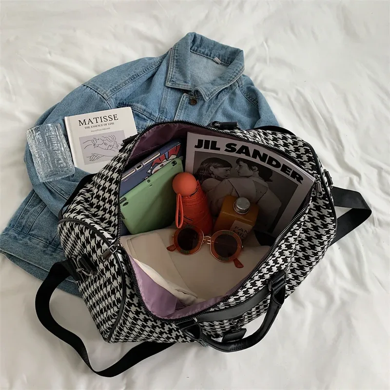 sac de voyage pied-de-poule pour femme, grand sac de sport, sac de sport, sac à main de week-end, sacs à bandoulière initiés, cubes d'emballage, fourre-tout