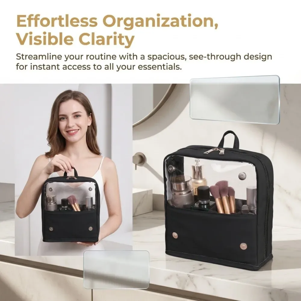 trousse de maquillage transparente imperméable avec fermeture éclair, grande capacité, poignée et conception autoportante