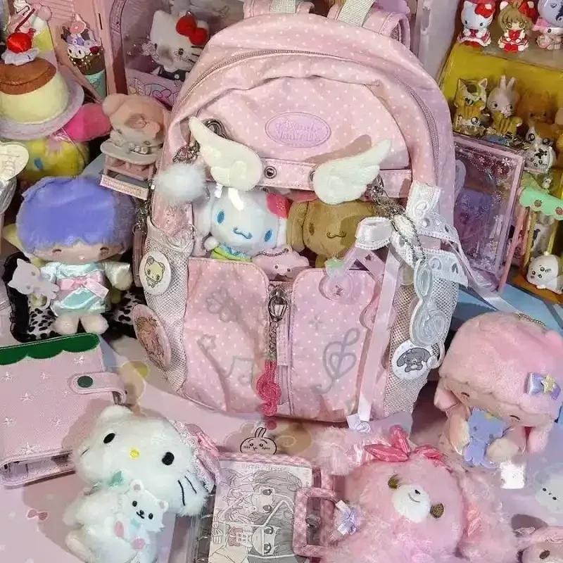 sac à dos polyvalent décontracté pour femme grande capacité, motif pois et étoiles, style harajuku mignon et tendance, ulzzang y2k, sac ita