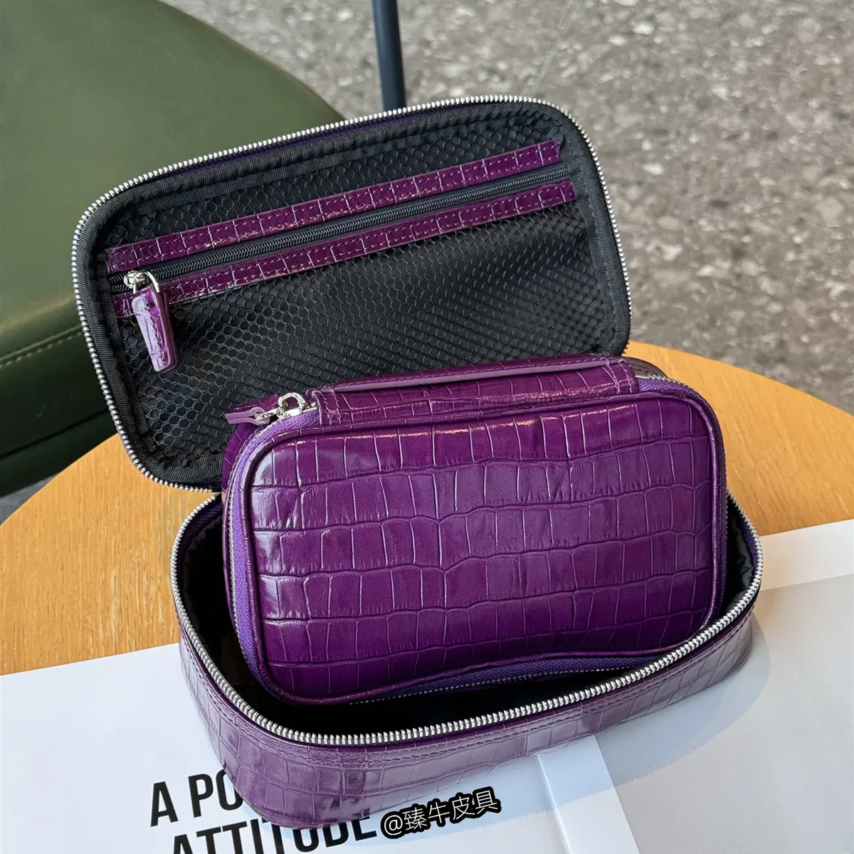 sac à cosmétiques portable en cuir de vachette véritable à motif crocodile, nouveau sac de toilette de voyage en cuir véritable, sac à maquillage pour femmes