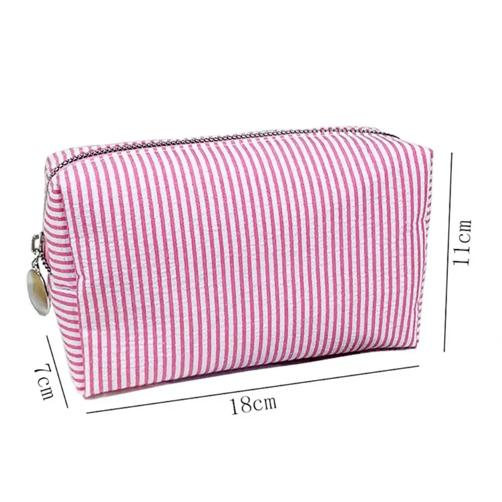 sac de maquillage rayé mignon, fermeture à glissière, pochette de toilette en tissu seersucker souple, trousse à crayons polyvalente de grande capacité, usage quotidien