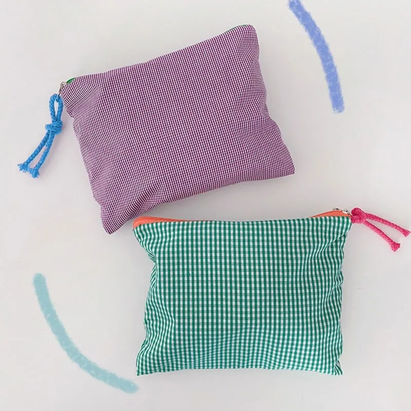 sac de maquillage à carreaux pour femmes et filles, grande capacité, sac cosmétique en coton, simple, portable, sac de rangement, pochette, sac de voyage, pochette de maquillage